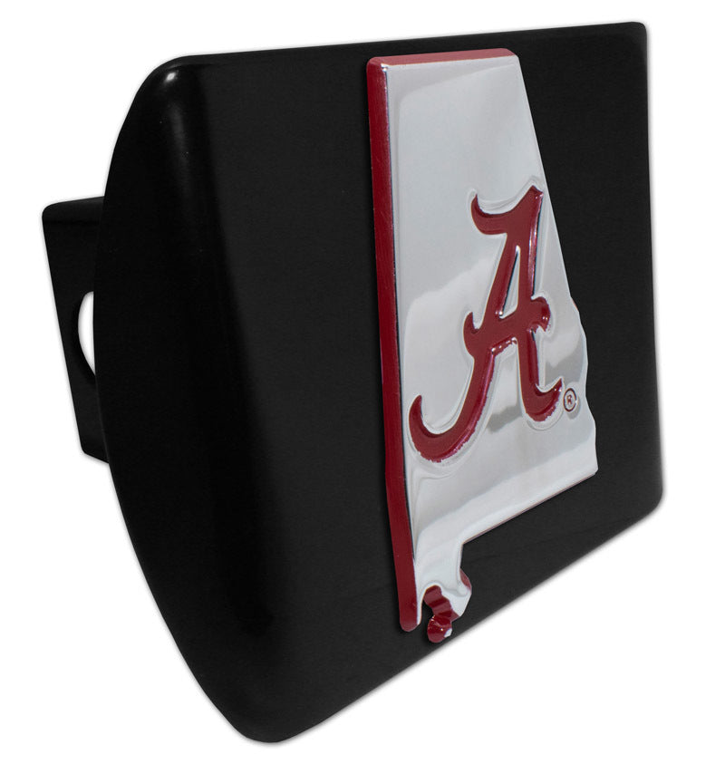 University of Alabama Chrome Red State Shape on Black Metal Hitch Cover