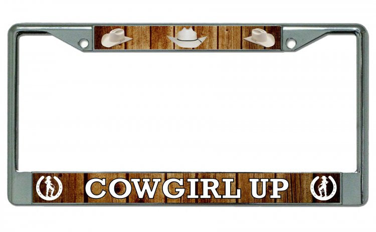 Cowgirl Up Chrome License Plate Frame