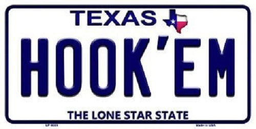 Hook'em Texas Background Novelty Metal License Plate