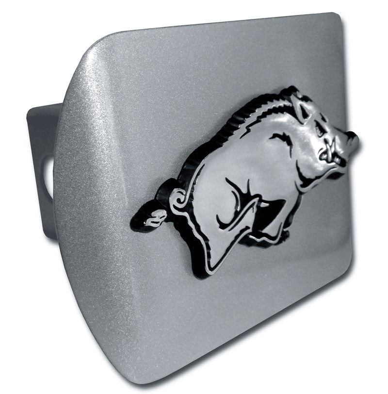 University of Arkansas Running Hog Emblem on Brushed Hitch Cover